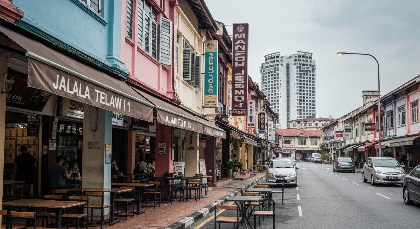 Jalan Telawi 1 in Bangsar Baru at late afternoon, shophouse fronts, parked cars and cafe tables under humid tropical light