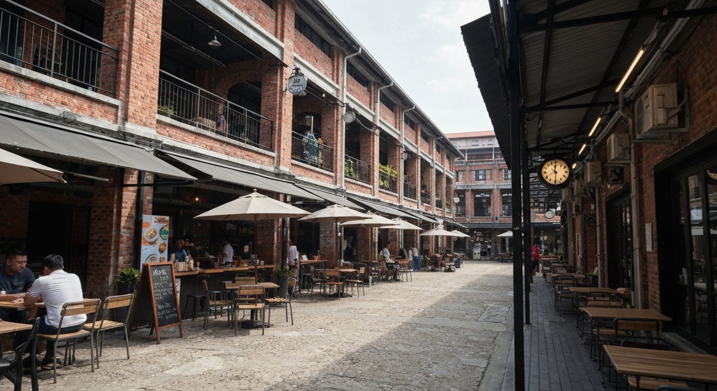 APW Bangsar on Jalan Riong, the former printing works courtyard with cafe seating, creative-market stalls and industrial brick textures in daylight