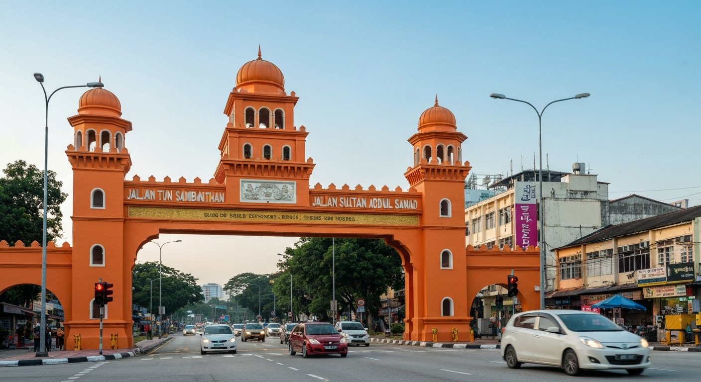 the bright-orange Torana Gate at the Jalan Tun Sambanthan and Jalan Sultan Abdul Samad junction, framed head-on in late afternoon light with Little India traffic passing beneath