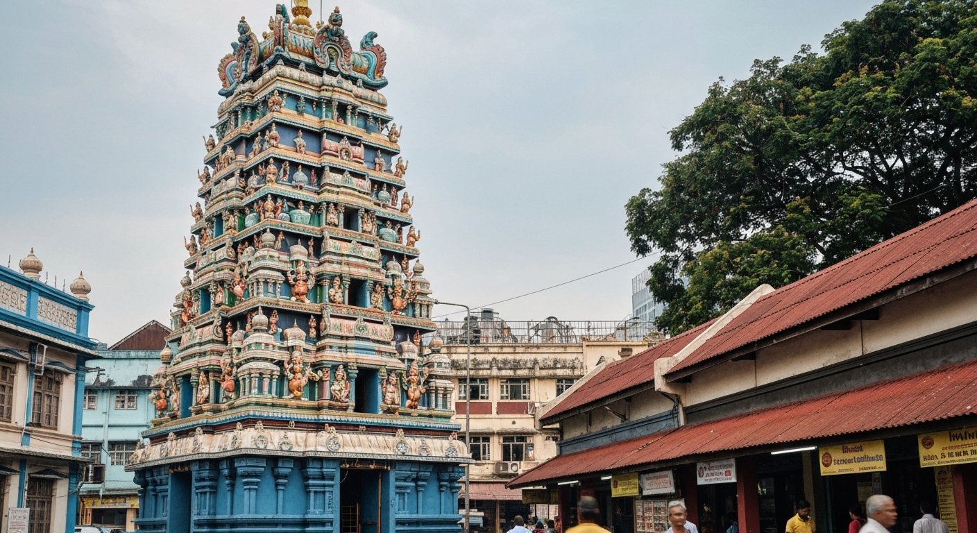 the ornate gopuram of Sri Kandaswamy Kovil off Jalan Scott, painted deities climbing the tower in soft morning light