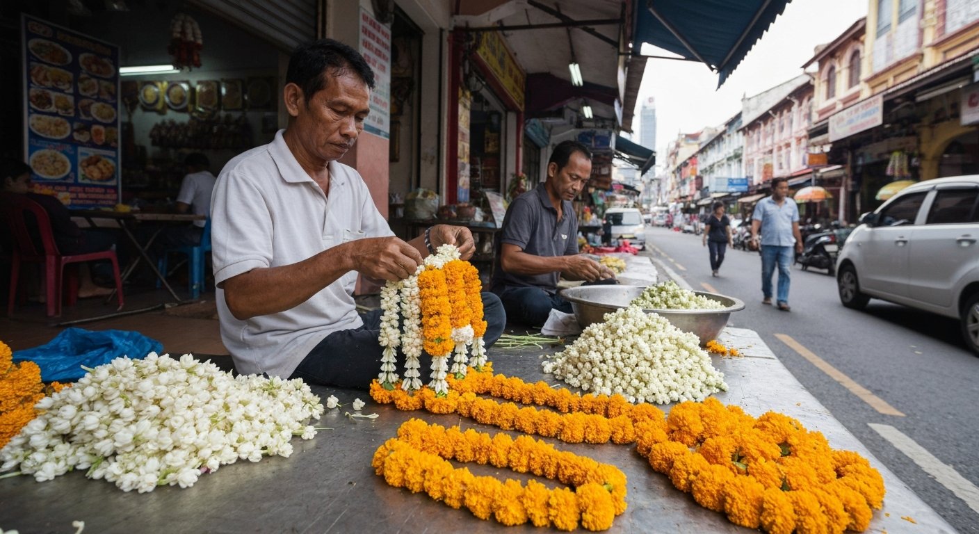 garland-makers outside a Brickfields temple threading fresh jasmine and marigold into long flower strings, close-up at street level