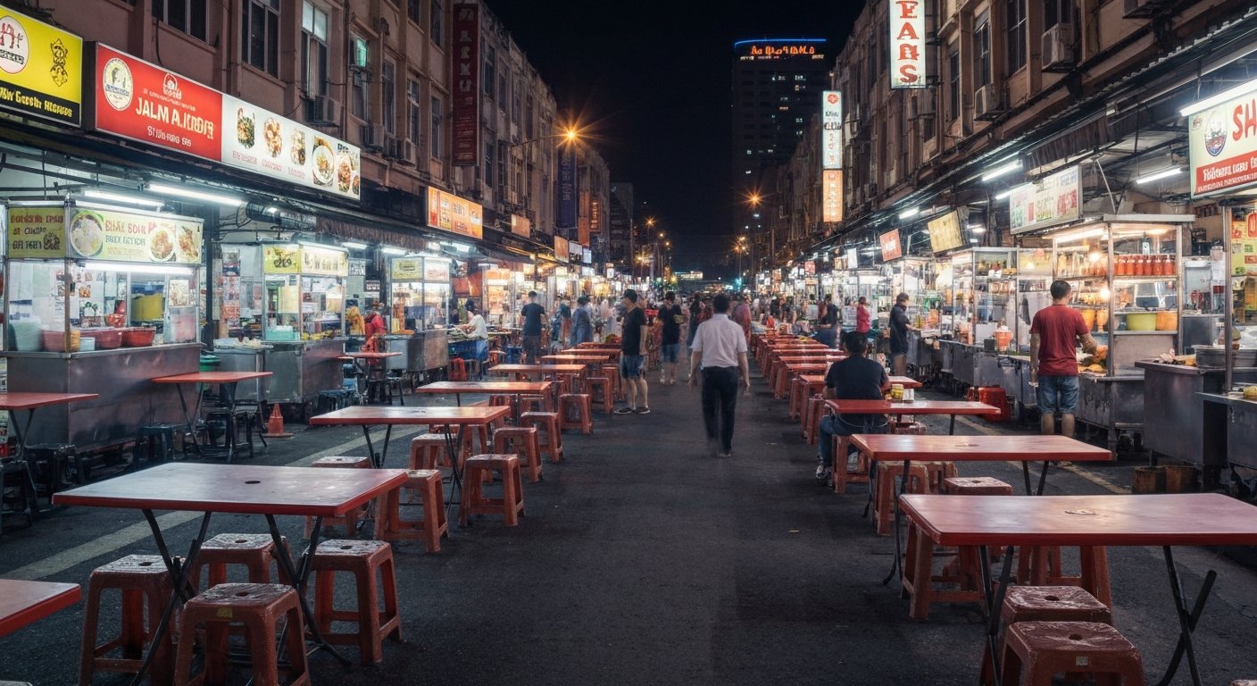 Jalan Alor at night with rows of plastic tables, glowing grill smoke and hawker stalls under neon signs