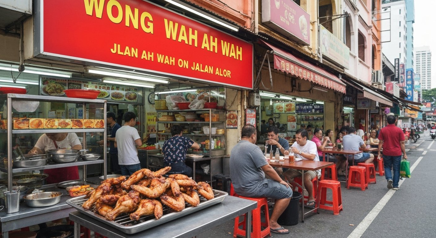 Wong Ah Wah on Jalan Alor with a tray of charcoal BBQ chicken wings and diners under bright red signage