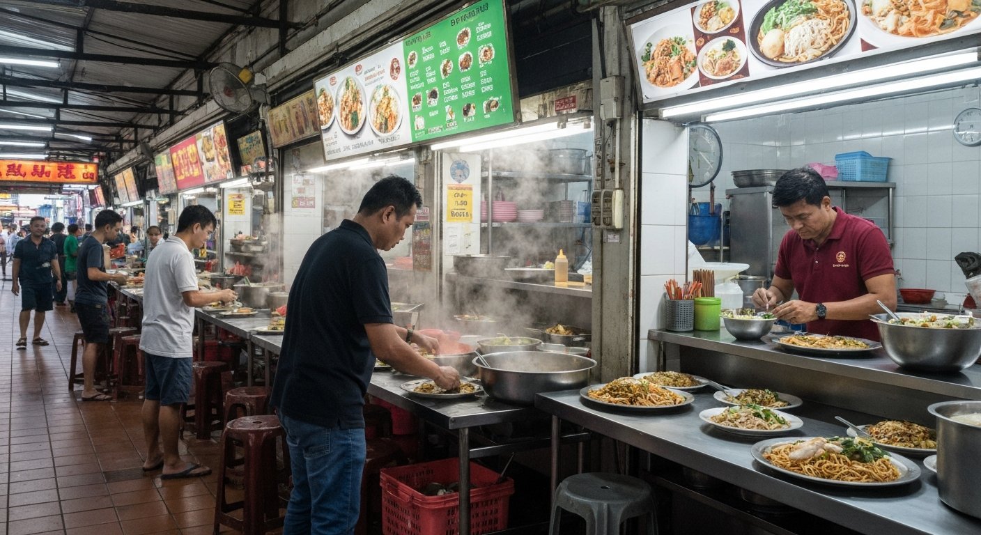 the basement food court at Lot 10 Hutong with steam rising from hawker counters and trays of Hokkien mee