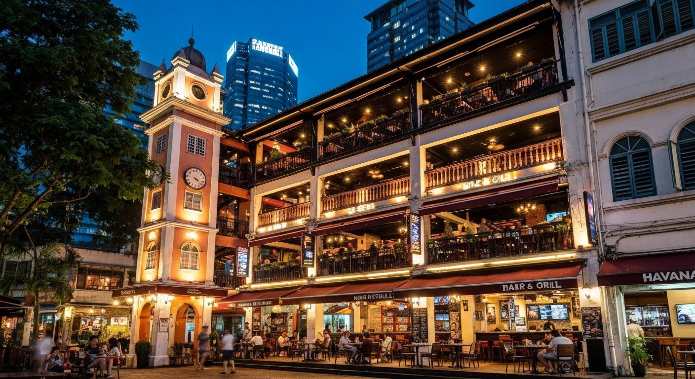 Havana Bar & Grill on Changkat Bukit Bintang at night, three levels lit in warm neon with courtyard tables below