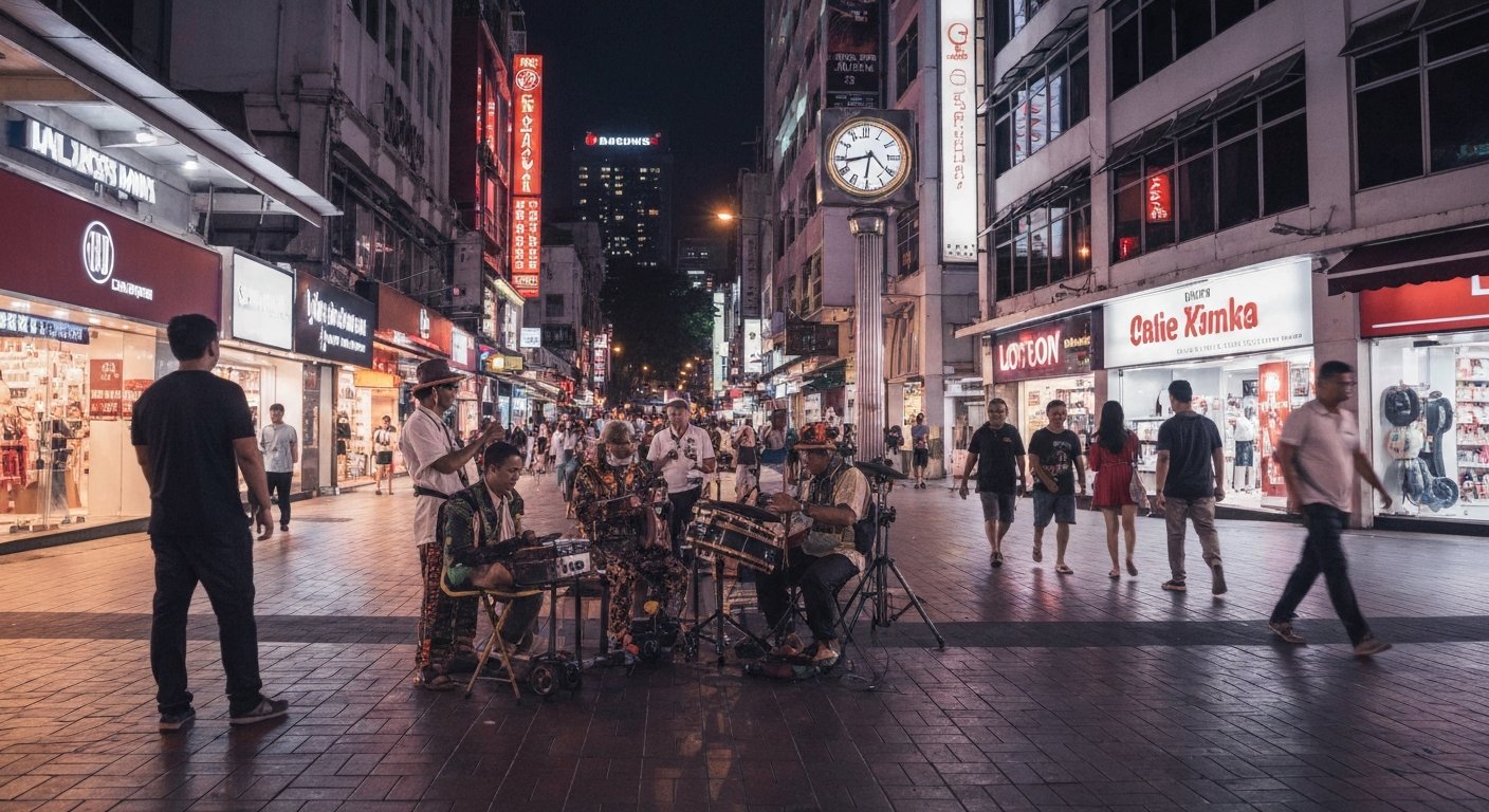buskers performing on the pedestrianised Jalan Bukit Bintang near Lot 10 after dark, with neon storefronts and passing shoppers