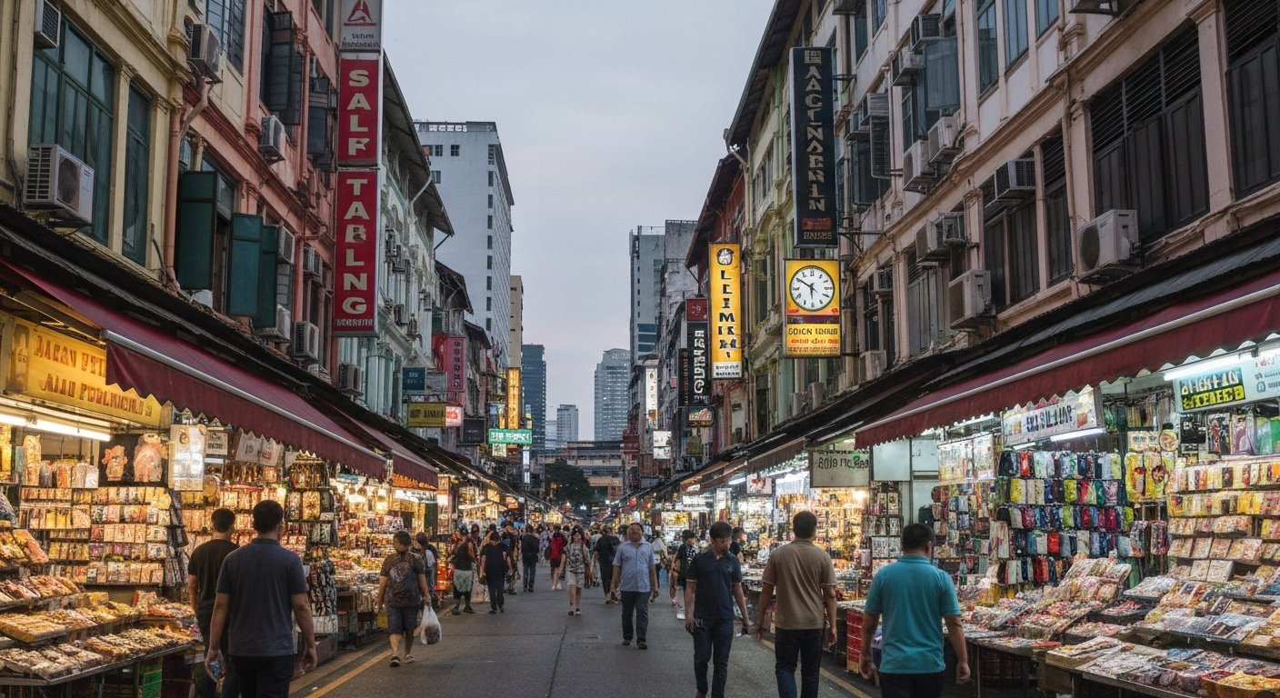 Jalan Petaling under its red-and-green canopy at dusk, counterfeit stalls lit up and crowds moving through the narrow market lane