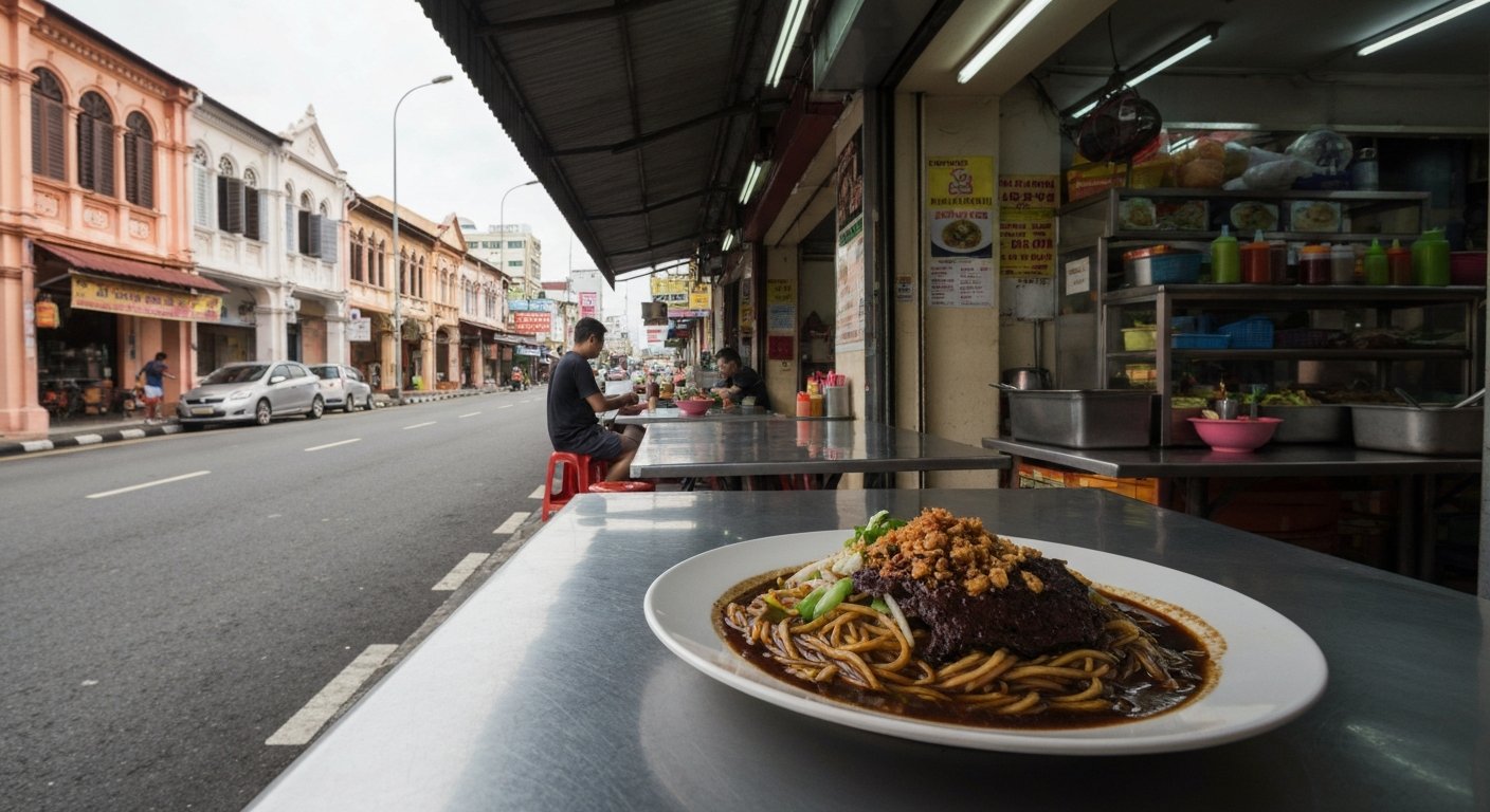 the open-air stall side of Restoran Kim Lian Kee at the Jalan Petaling and Jalan Hang Lekir corner, with glossy dark Hokkien mee on a table and the street behind it