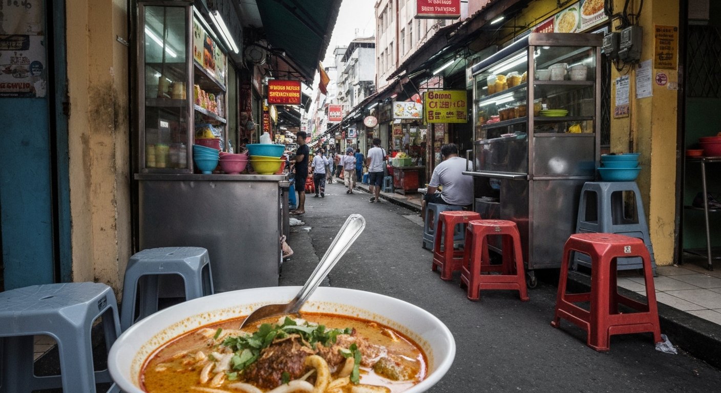 a bowl of curry laksa from the Madras Lane hawker stalls in the wet-market alley, with plastic stools and the cramped alley atmosphere around it