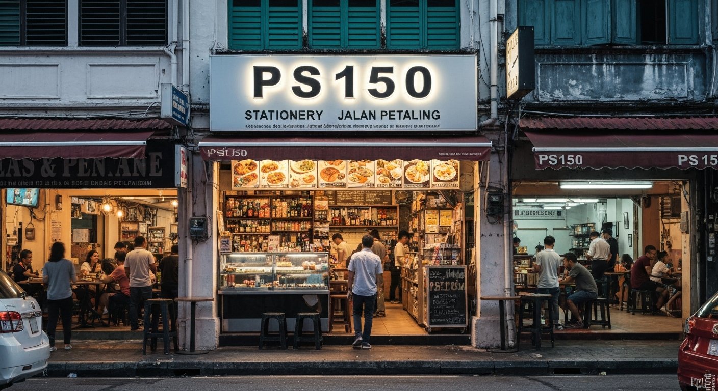 the stationery-shop front of PS150 on Jalan Petaling, with a discreet entrance and warm bar light spilling from inside at night