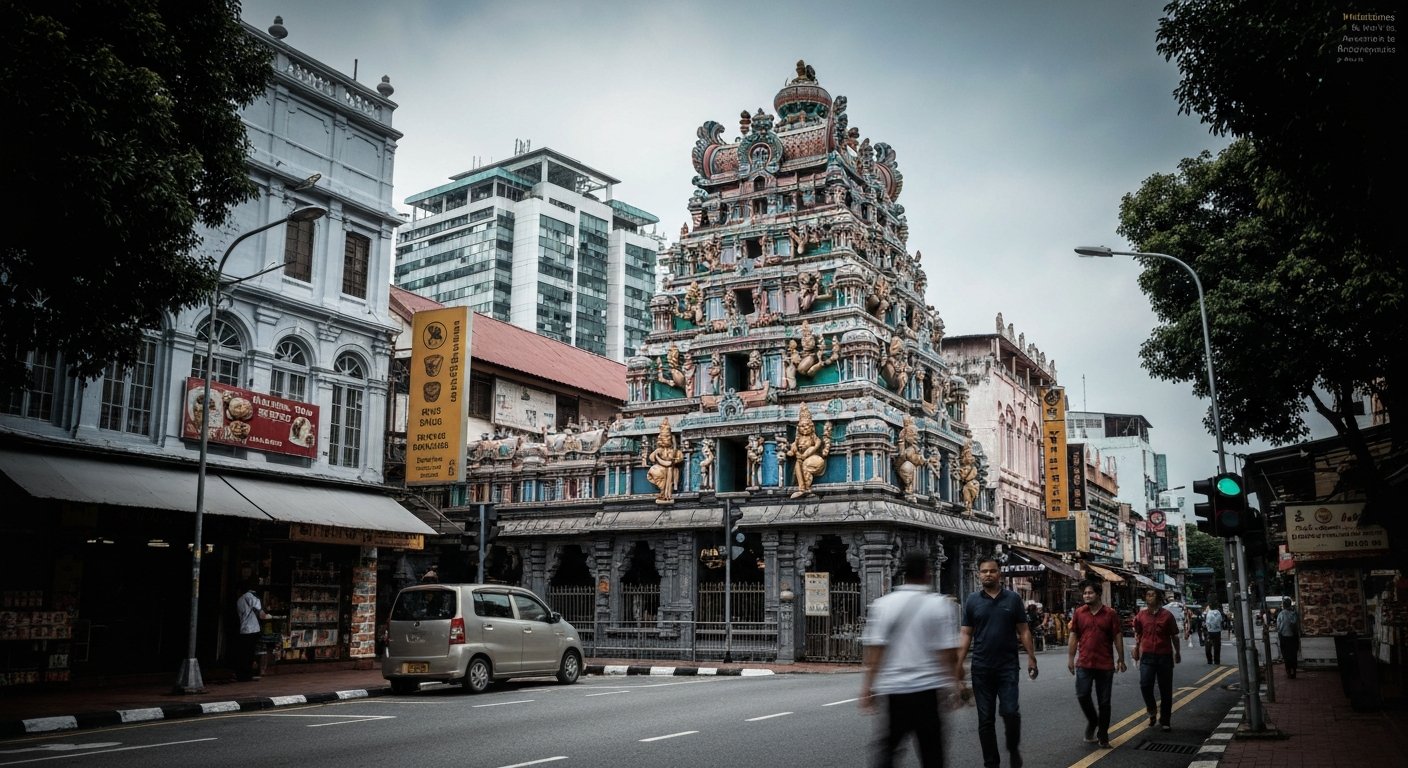 the ornate gopuram of Sri Mahamariamman Temple on Jalan Tun H S Lee, sculpted deities rising above the street in daylight