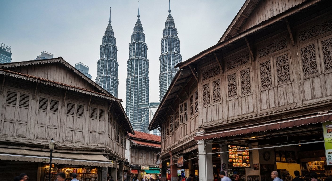timber Kampung Baru houses with carved panels and shuttered windows, the Petronas Twin Towers rising behind them in late-afternoon light