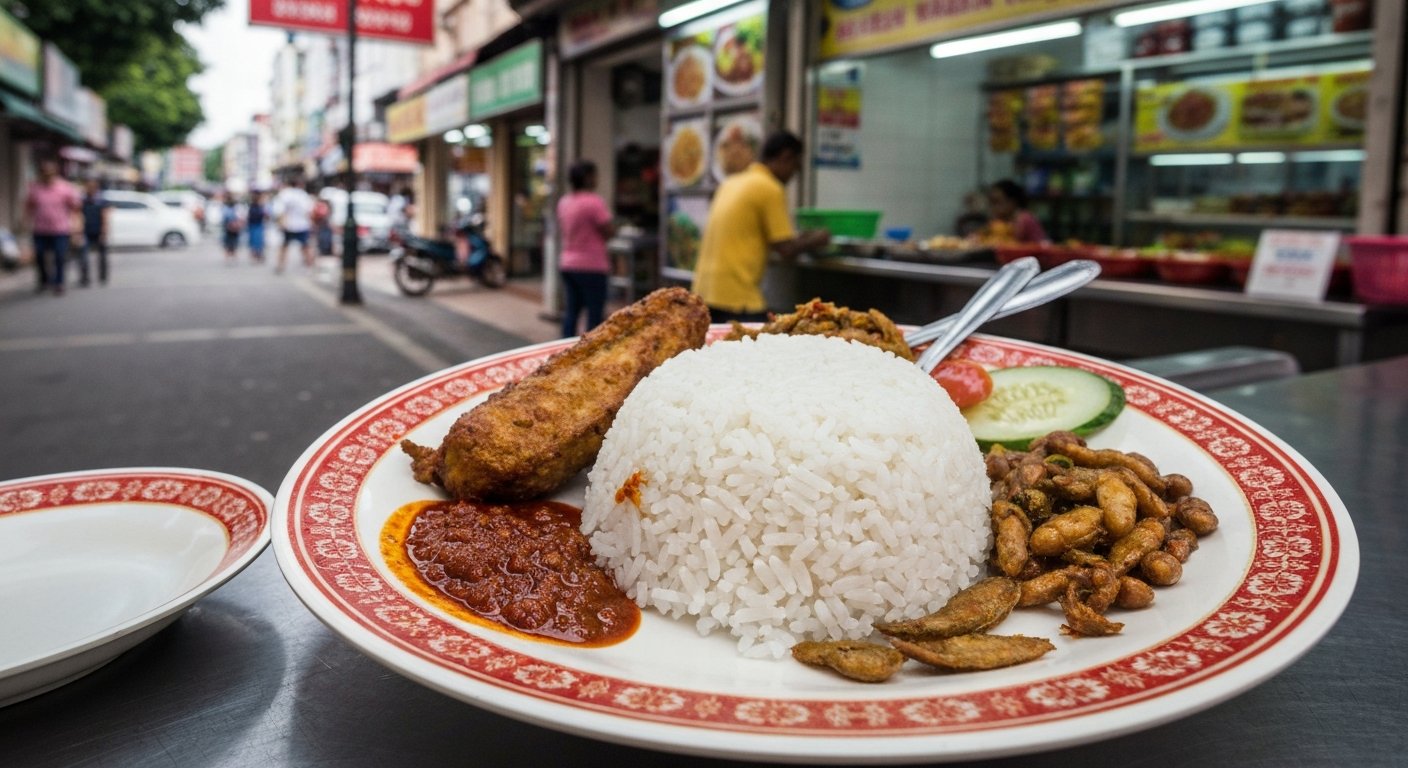 a plate of nasi lemak paru and sotong at Nasi Lemak Wanjo, coconut rice, sambal and sides arranged cafeteria-style under bright shop lights