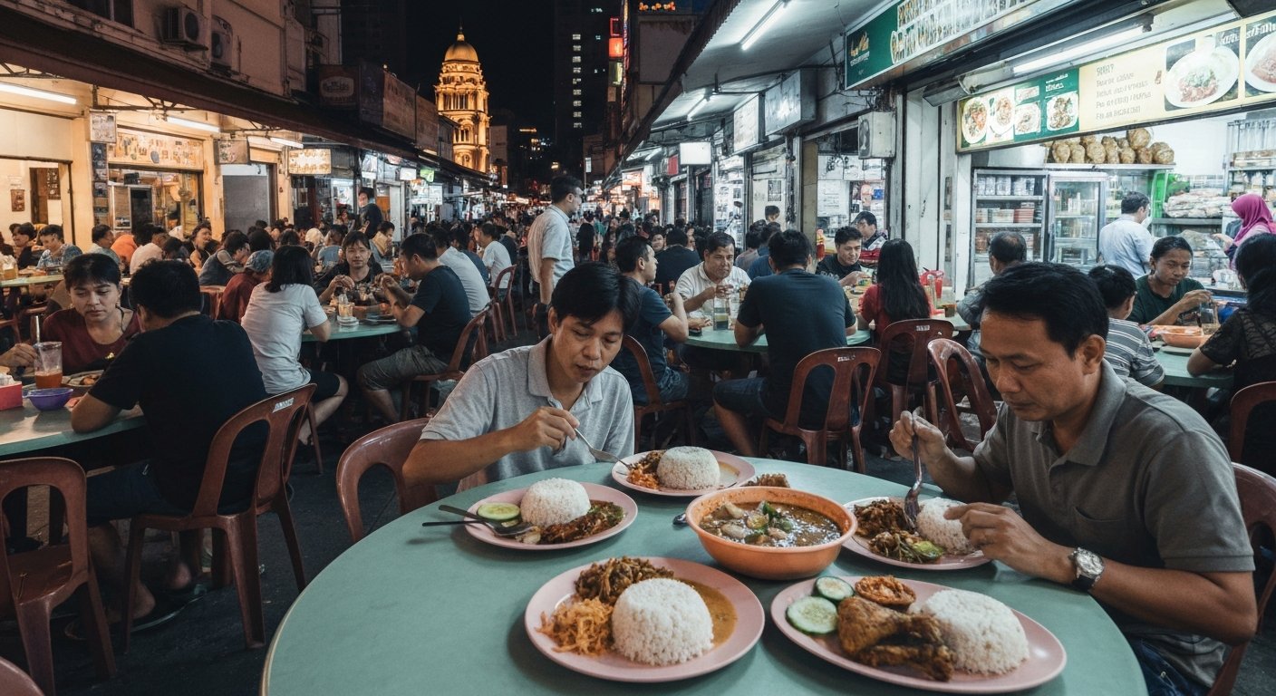crowded tables at Wan Suraya on Jalan Raja Alang, plates of nasi kerabu, ayam percik and nasi kukus under warm night lighting
