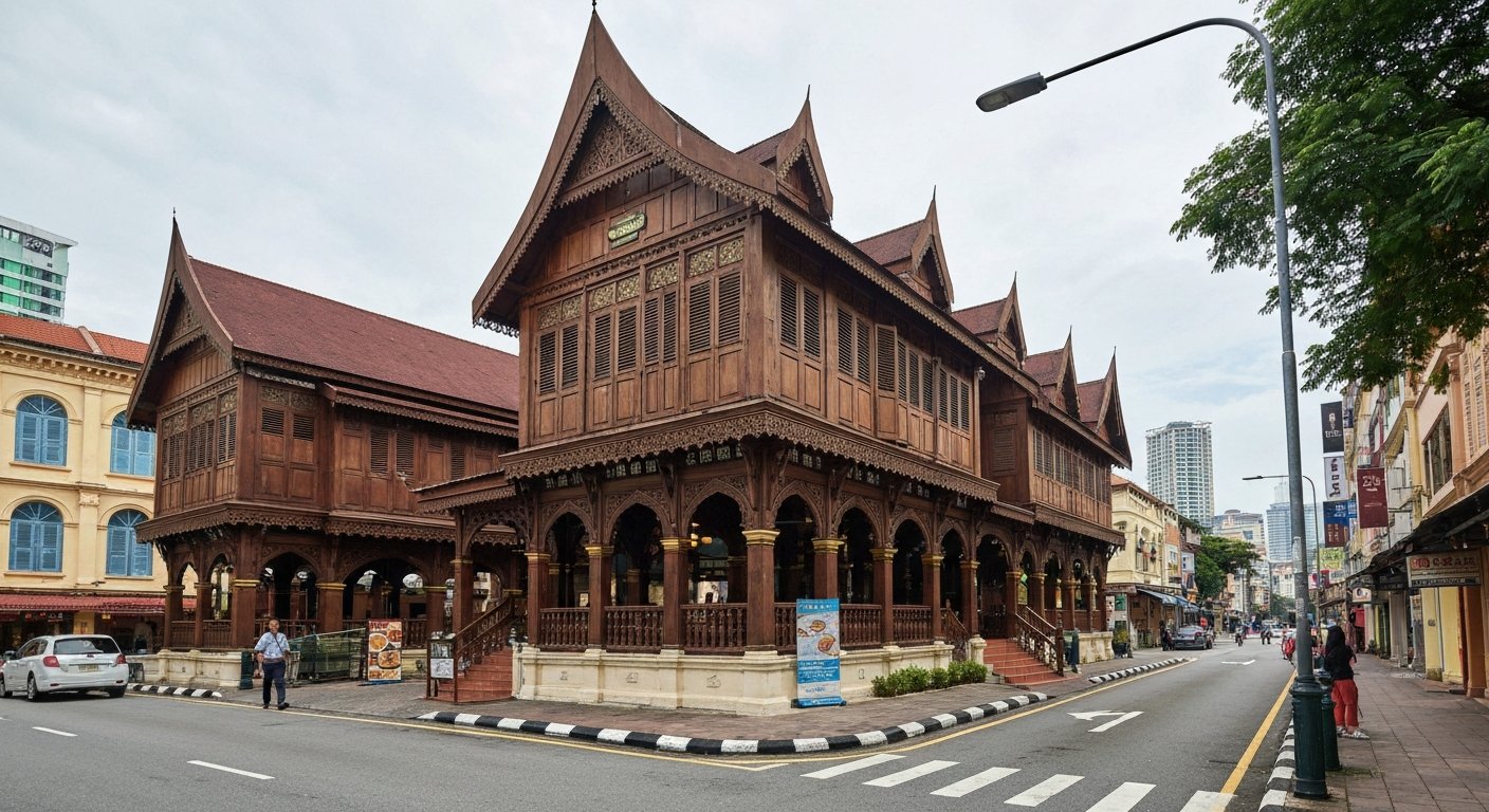 the timber replica of Sultan Sulaiman Club on Jalan Dewan Sultan Sulaiman, seen from the street with traditional Malay architectural details in soft daylight