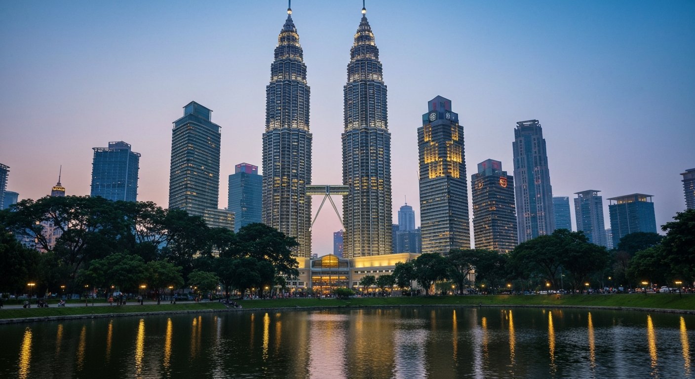 the Petronas Twin Towers rising above KLCC Park at dusk, steel and glass catching the last gold light, with the treeline and lake in the foreground