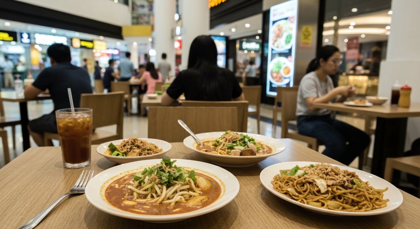 a table of assam laksa and char kway teow at Little Penang Kafe inside Suria KLCC, casual mall dining with a busy lunchtime atmosphere