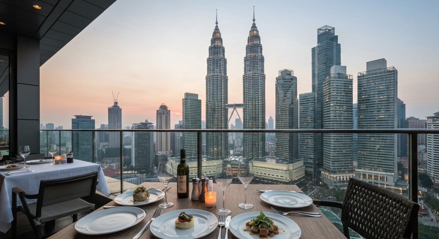 a rooftop table at Marini's on 57 with the Petronas Twin Towers filling the view behind contemporary Italian plates at sunset