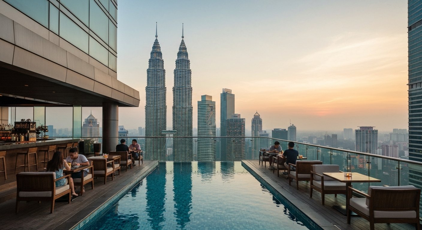 SkyBar at Traders Hotel on the 33rd floor, poolside booths facing the Petronas Twin Towers through the glass at sunset