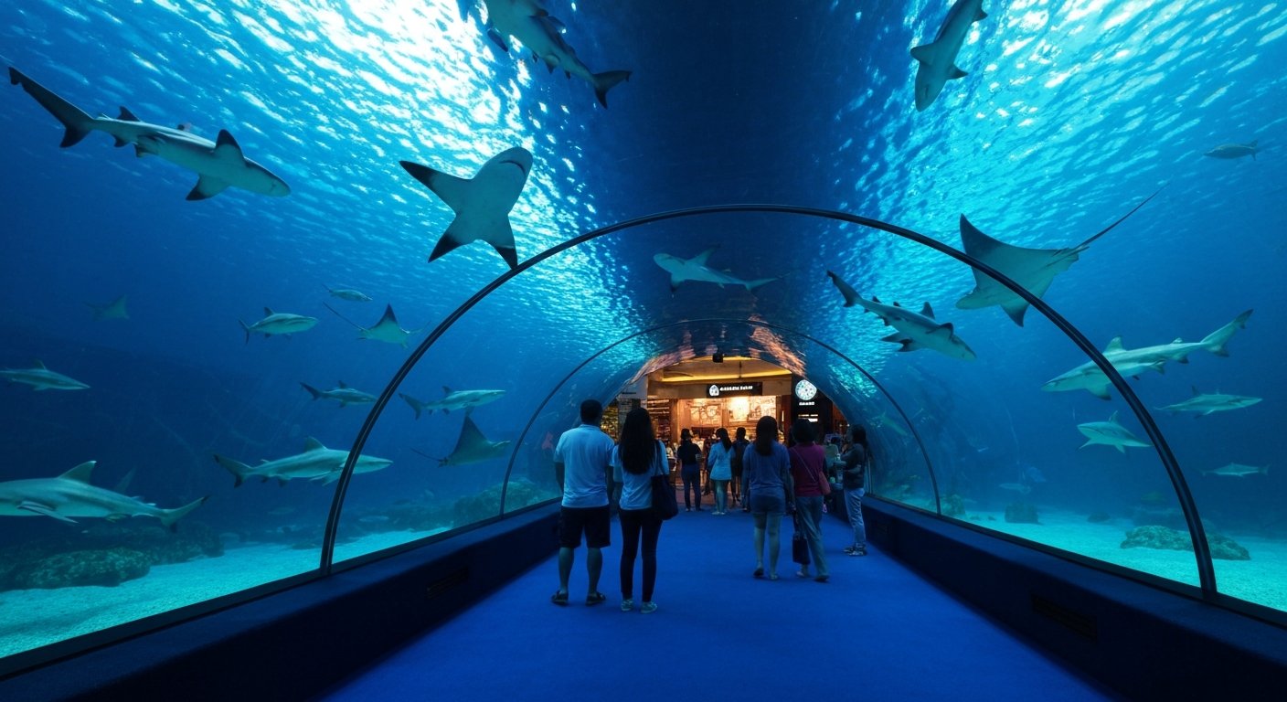 sharks and rays inside the 90-metre tunnel at Aquaria KLCC, viewed through the transparent walkway with visitors silhouetted in blue light
